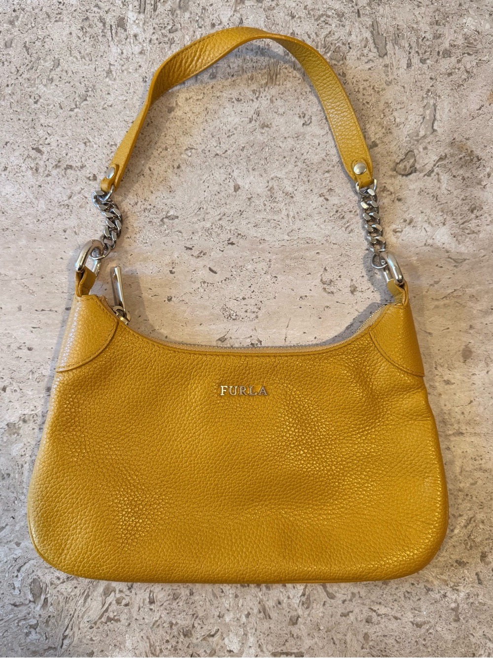 FURLA Mustard Yellow Pebbled Leather Shoulder Bag with Chain Strap